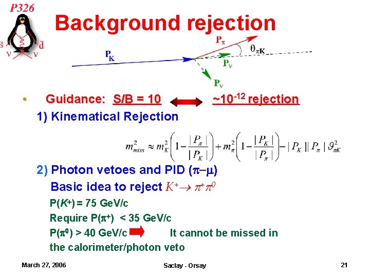 Background rejection • Guidance: S/B = 10 1) Kinematical Rejection ~10 -12 rejection 2)