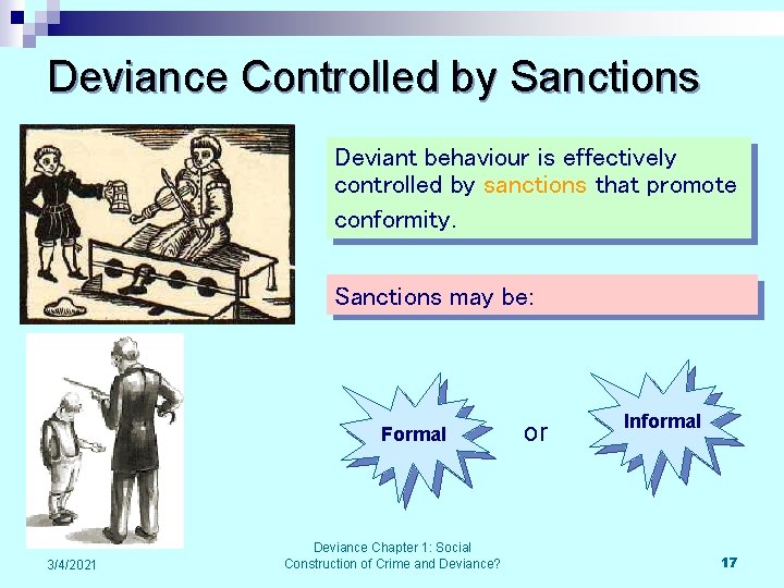 Deviance Controlled by Sanctions Deviant behaviour is effectively controlled by sanctions that promote conformity.