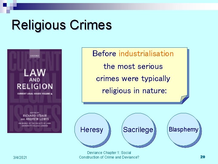 Religious Crimes Before industrialisation the most serious crimes were typically religious in nature: Heresy