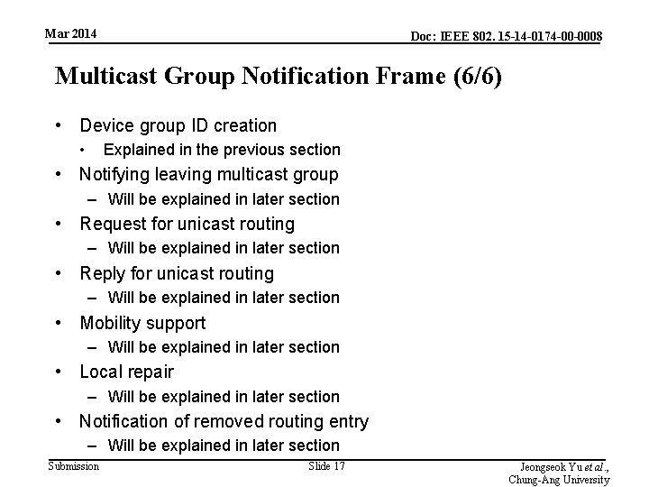 Mar 2014 Doc: IEEE 802. 15 -14 -0174 -00 -0008 Multicast Group Notification Frame