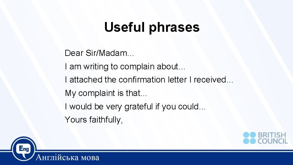 Useful phrases Dear Sir/Madam… I am writing to complain about… I attached the confirmation