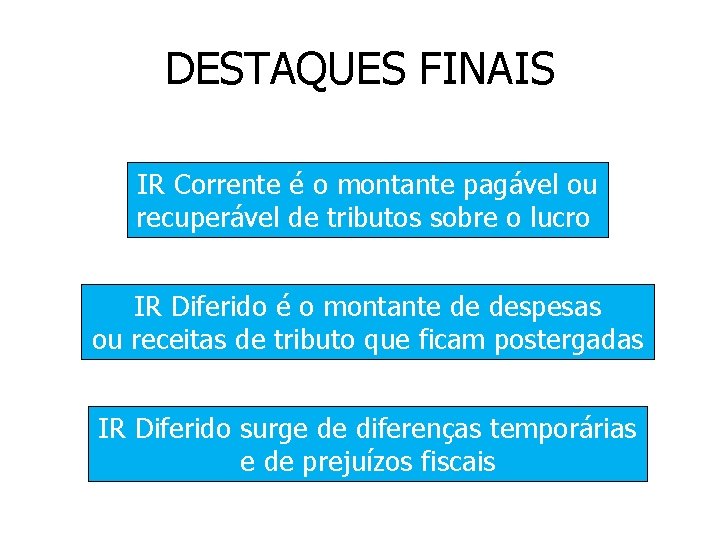 DESTAQUES FINAIS IR Corrente é o montante pagável ou recuperável de tributos sobre o