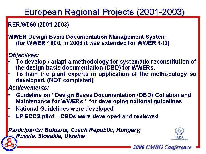 European Regional Projects (2001 -2003) RER/9/069 (2001 -2003) WWER Design Basis Documentation Management System
