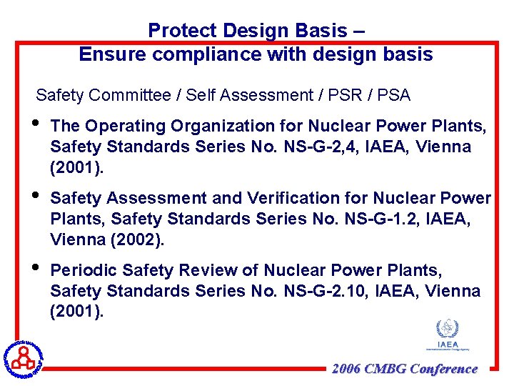 Protect Design Basis – Ensure compliance with design basis Safety Committee / Self Assessment