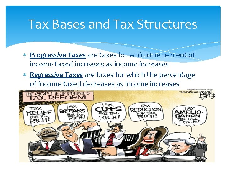 Tax Bases and Tax Structures Progressive Taxes are taxes for which the percent of