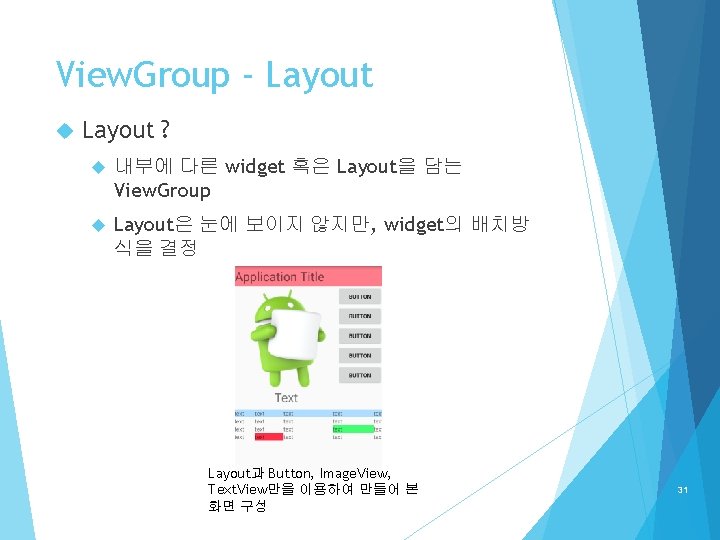 View. Group - Layout ? 내부에 다른 widget 혹은 Layout을 담는 View. Group Layout은