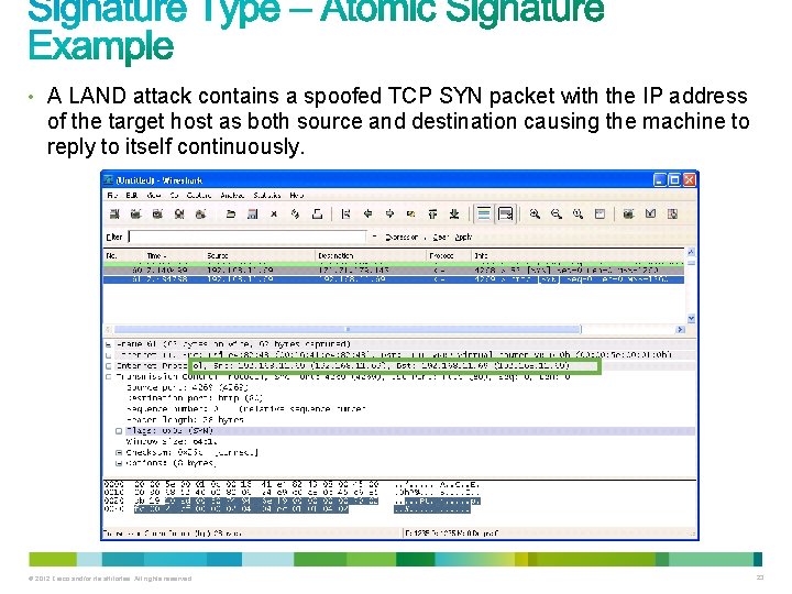 • A LAND attack contains a spoofed TCP SYN packet with the IP • A LAND attack contains a spoofed TCP SYN packet with the IP