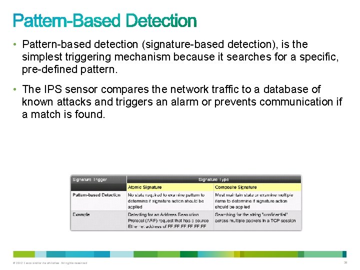 • Pattern-based detection (signature-based detection), is the simplest triggering mechanism because it searches • Pattern-based detection (signature-based detection), is the simplest triggering mechanism because it searches