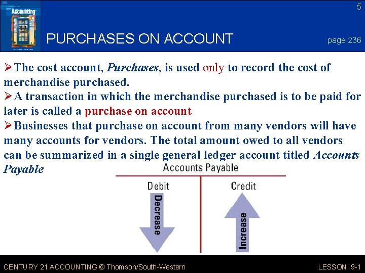 5 PURCHASES ON ACCOUNT page 236 ØThe cost account, Purchases, is used only to