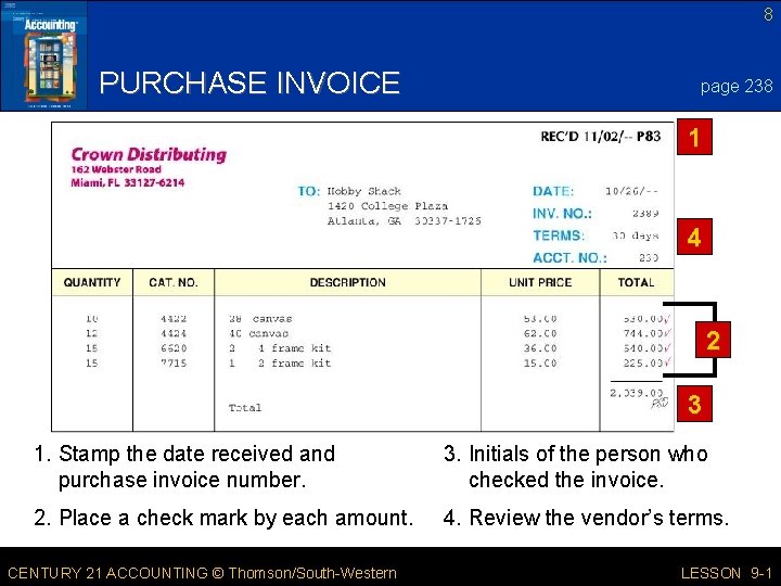 8 PURCHASE INVOICE page 238 1 4 2 3 1. Stamp the date received