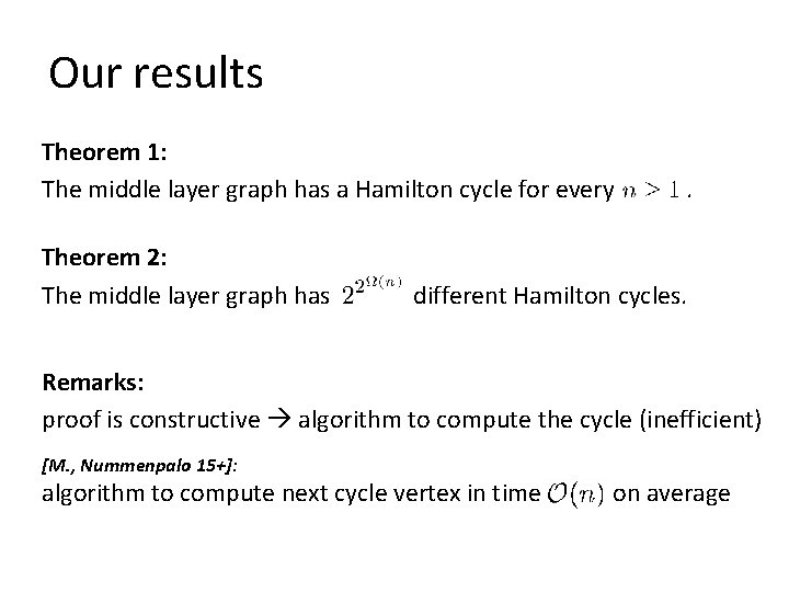 Our results Theorem 1: The middle layer graph has a Hamilton cycle for every