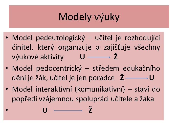 Modely výuky • Model pedeutologický – učitel je rozhodující činitel, který organizuje a zajišťuje Modely výuky • Model pedeutologický – učitel je rozhodující činitel, který organizuje a zajišťuje