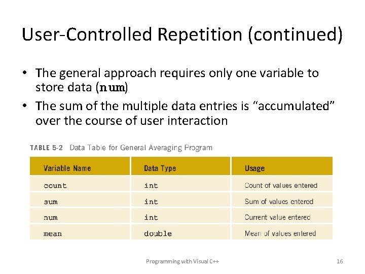 User-Controlled Repetition (continued) • The general approach requires only one variable to store data
