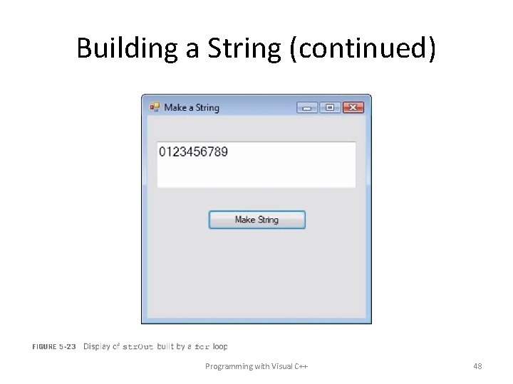 Building a String (continued) Programming with Visual C++ 48 
