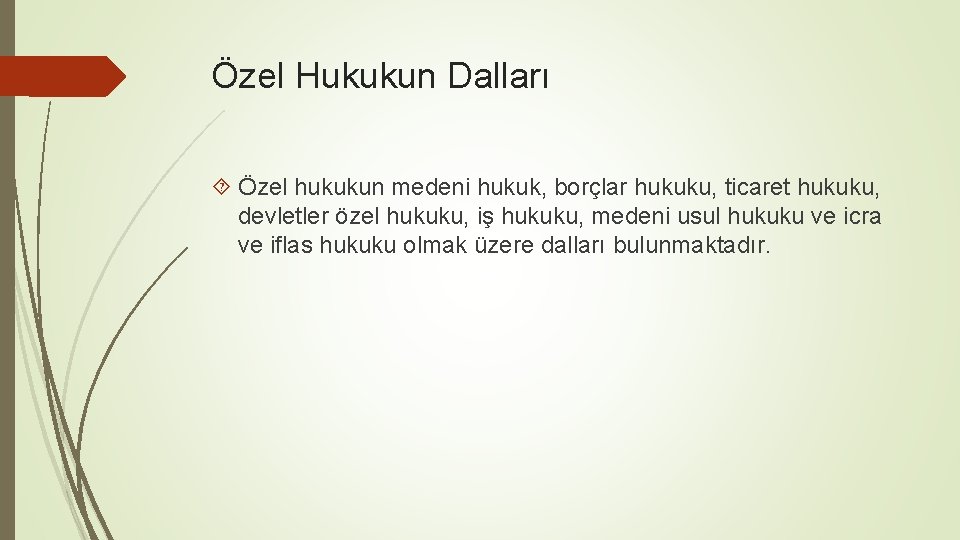 Özel Hukukun Dalları Özel hukukun medeni hukuk, borçlar hukuku, ticaret hukuku, devletler özel hukuku,