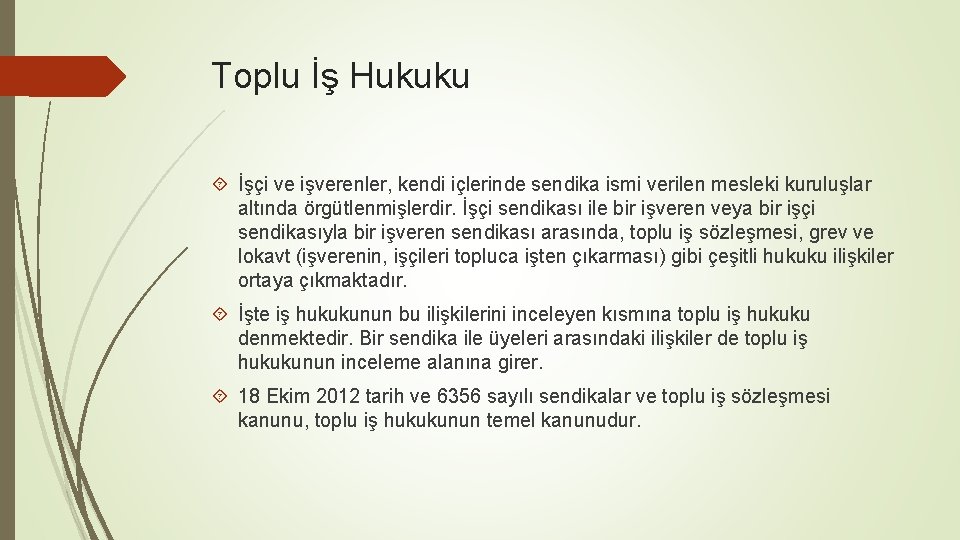 Toplu İş Hukuku İşçi ve işverenler, kendi içlerinde sendika ismi verilen mesleki kuruluşlar altında