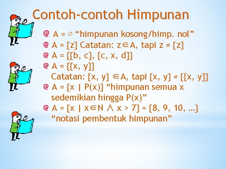 Contoh-contoh Himpunan A = ∅ “himpunan kosong/himp. nol” A = {z} Catatan: z∈A, tapi Contoh-contoh Himpunan A = ∅ “himpunan kosong/himp. nol” A = {z} Catatan: z∈A, tapi