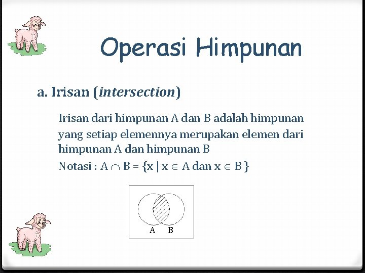 Operasi Himpunan a. Irisan (intersection) Irisan dari himpunan A dan B adalah himpunan yang Operasi Himpunan a. Irisan (intersection) Irisan dari himpunan A dan B adalah himpunan yang
