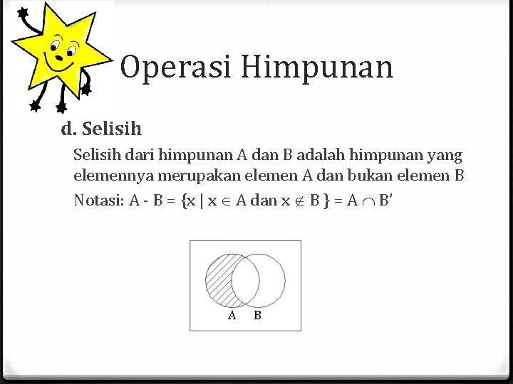 Operasi Himpunan d. Selisih dari himpunan A dan B adalah himpunan yang elemennya merupakan Operasi Himpunan d. Selisih dari himpunan A dan B adalah himpunan yang elemennya merupakan