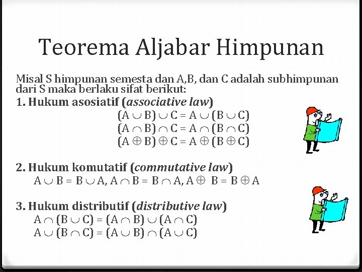 Teorema Aljabar Himpunan Misal S himpunan semesta dan A, B, dan C adalah subhimpunan Teorema Aljabar Himpunan Misal S himpunan semesta dan A, B, dan C adalah subhimpunan