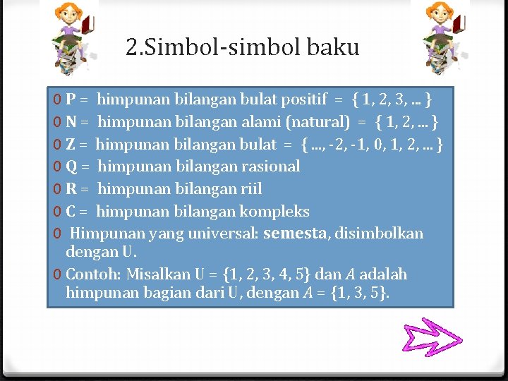 2. Simbol-simbol baku 0 P = himpunan bilangan bulat positif = { 1, 2, 2. Simbol-simbol baku 0 P = himpunan bilangan bulat positif = { 1, 2,