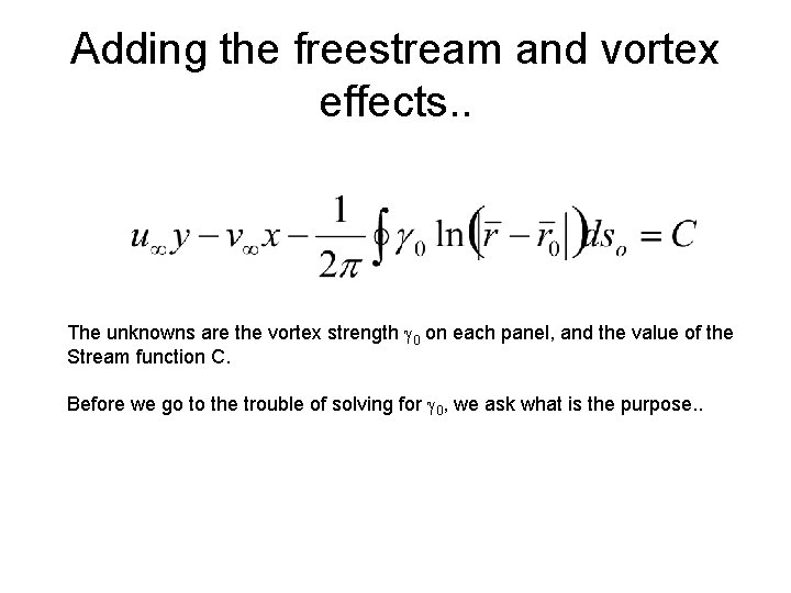 Adding the freestream and vortex effects. . The unknowns are the vortex strength g