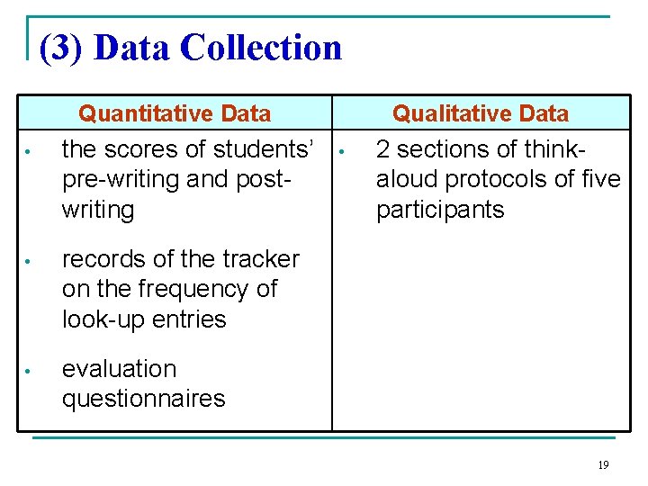 (3) Data Collection Quantitative Data • the scores of students’ pre-writing and postwriting •