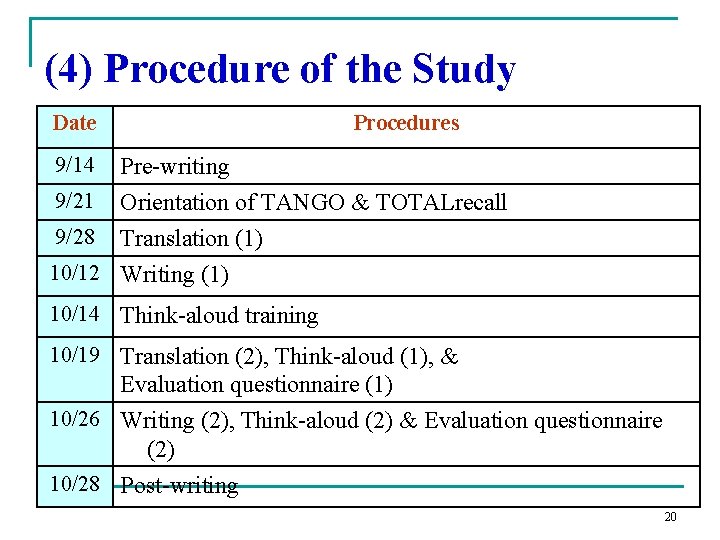 (4) Procedure of the Study Date Procedures 9/14 Pre-writing 9/21 Orientation of TANGO &