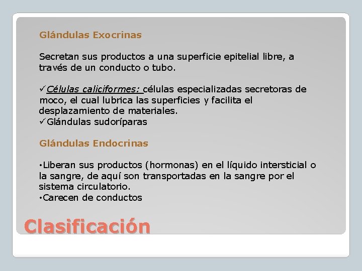 Glándulas Exocrinas Secretan sus productos a una superficie epitelial libre, a través de un