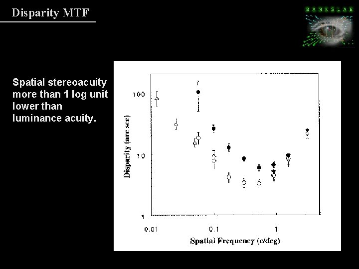 Disparity MTF Spatial stereoacuity more than 1 log unit lower than luminance acuity. Disparity MTF Spatial stereoacuity more than 1 log unit lower than luminance acuity.
