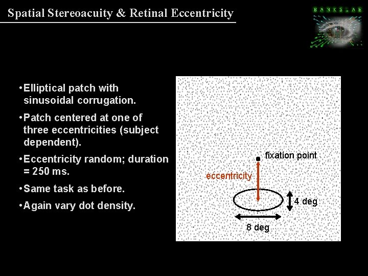 Spatial Stereoacuity & Retinal Eccentricity • Elliptical patch with sinusoidal corrugation. • Patch centered Spatial Stereoacuity & Retinal Eccentricity • Elliptical patch with sinusoidal corrugation. • Patch centered