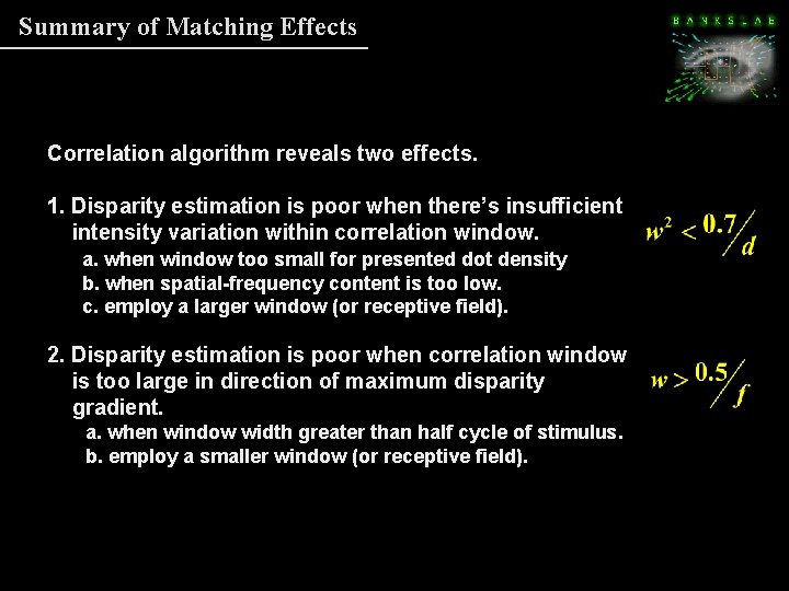 Summary of Matching Effects Correlation algorithm reveals two effects. 1. Disparity estimation is poor Summary of Matching Effects Correlation algorithm reveals two effects. 1. Disparity estimation is poor