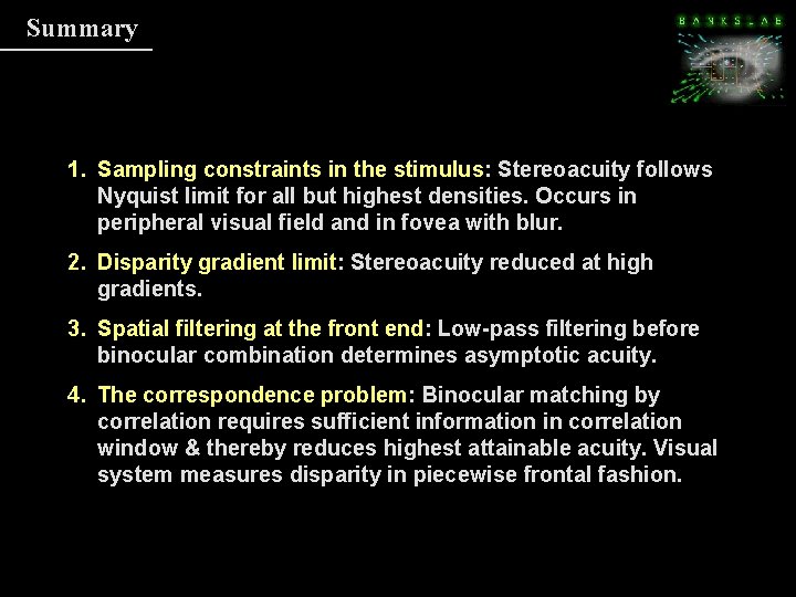 Summary 1. Sampling constraints in the stimulus: Stereoacuity follows Nyquist limit for all but Summary 1. Sampling constraints in the stimulus: Stereoacuity follows Nyquist limit for all but