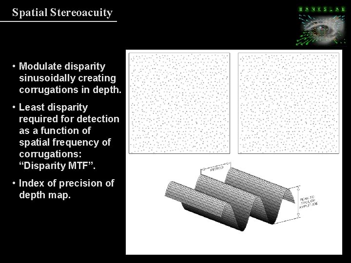 Spatial Stereoacuity • Modulate disparity sinusoidally creating corrugations in depth. • Least disparity required Spatial Stereoacuity • Modulate disparity sinusoidally creating corrugations in depth. • Least disparity required