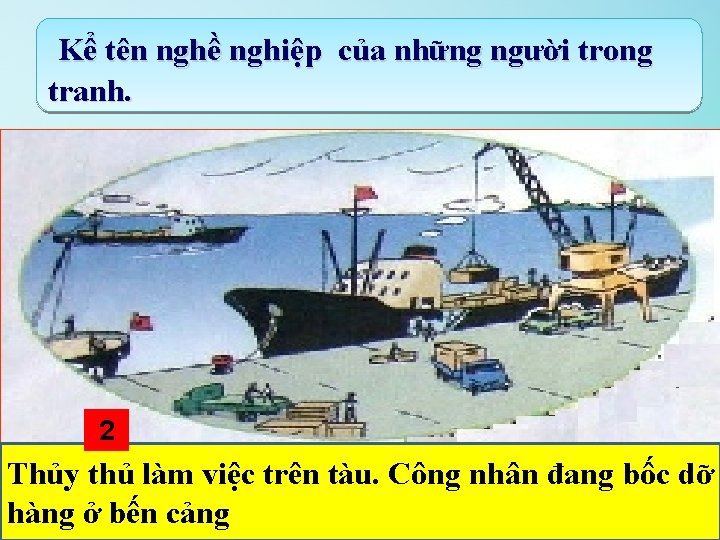 Kể tên nghề nghiệp của những người trong tranh. 2 Thủy thủ làm việc