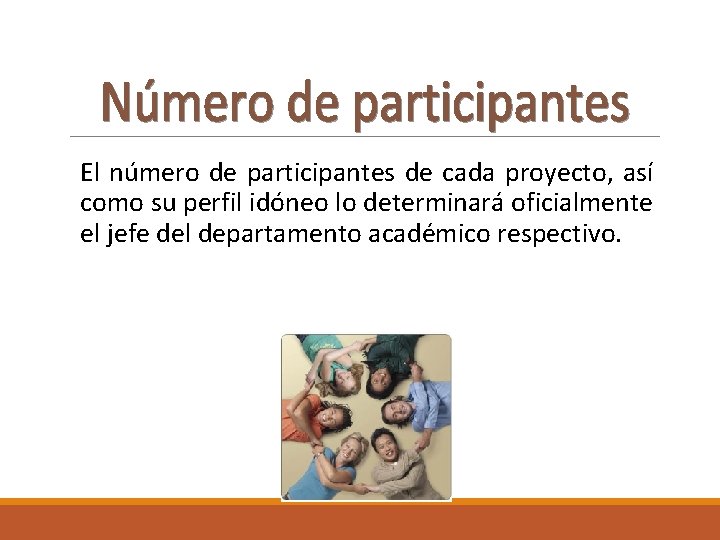 El número de participantes de cada proyecto, así como su perfil idóneo lo determinará