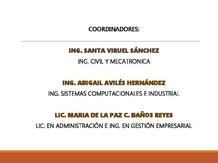 COORDINADORES: ING. SANTA VIRUEL SÁNCHEZ ING. CIVIL Y MECATRONICA ING. ABIGAIL AVILÉS HERNÁNDEZ ING.