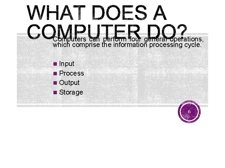 Computers can perform four general operations, which comprise the information processing cycle. n Input