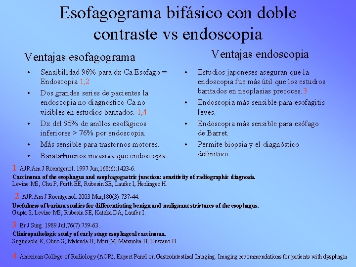 Esofagograma bifásico con doble contraste vs endoscopia Ventajas esofagograma • • • Sensibilidad 96%