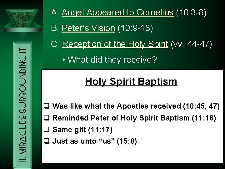 A. Angel Appeared to Cornelius (10: 3 -8) II. Miracles Surrounding It B. Peter’s