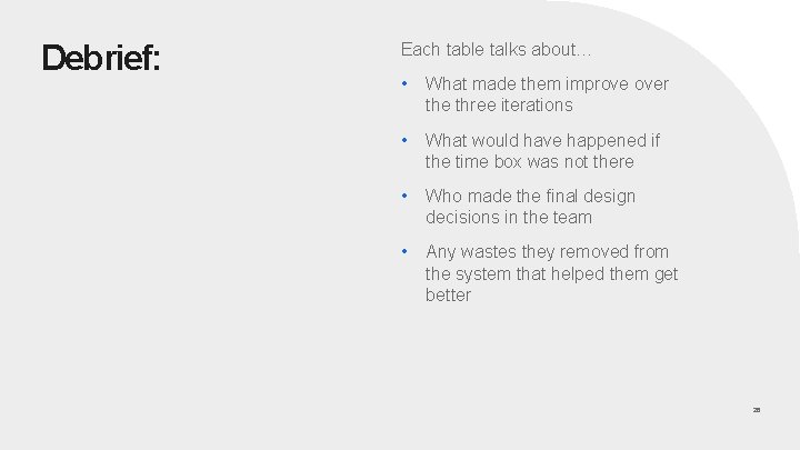 Debrief: Each table talks about… • What made them improve over the three iterations