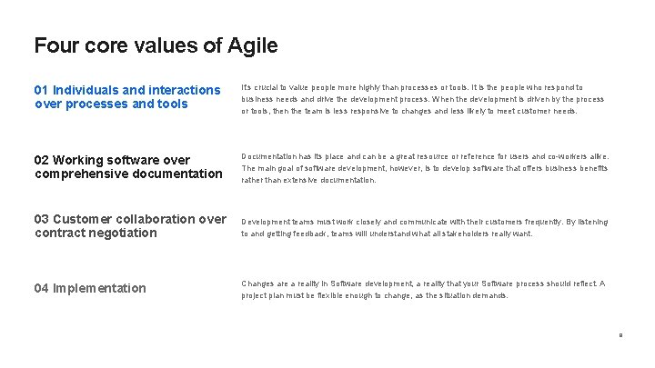 Four core values of Agile 01 Individuals and interactions over processes and tools It’s