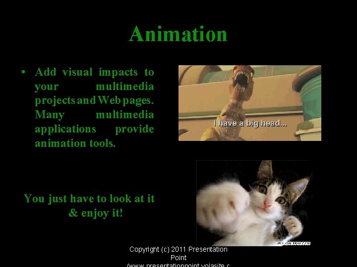 Animation • Add visual impacts to your multimedia projects and Web pages. Many multimedia