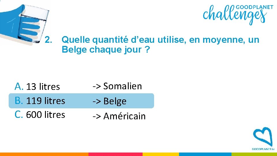 2. Quelle quantité d’eau utilise, en moyenne, un Belge chaque jour ? A. 13