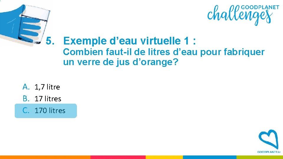 5. Exemple d’eau virtuelle 1 : Combien faut-il de litres d’eau pour fabriquer un