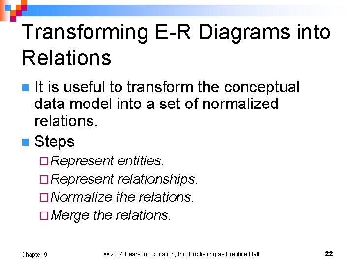 Transforming E-R Diagrams into Relations It is useful to transform the conceptual data model Transforming E-R Diagrams into Relations It is useful to transform the conceptual data model