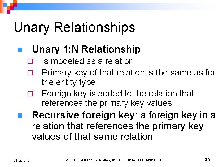Unary Relationships Unary 1: N Relationship n Is modeled as a relation ¨ Primary Unary Relationships Unary 1: N Relationship n Is modeled as a relation ¨ Primary
