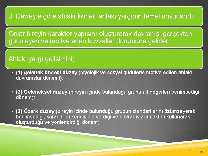 J. Dewey’e göre ahlaki fikirler, ahlaki yargının temel unsurlarıdır. Onlar bireyin karakter yapısını oluşturarak