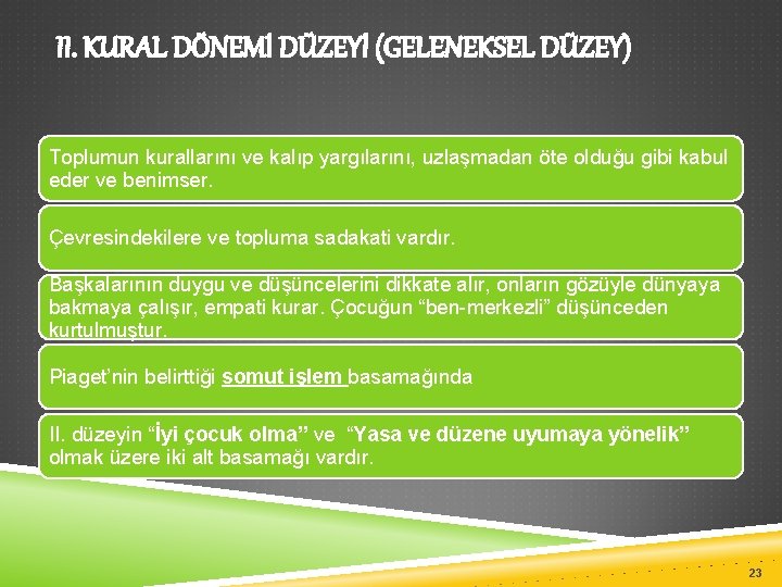 II. KURAL DÖNEMİ DÜZEYİ (GELENEKSEL DÜZEY) Toplumun kurallarını ve kalıp yargılarını, uzlaşmadan öte olduğu