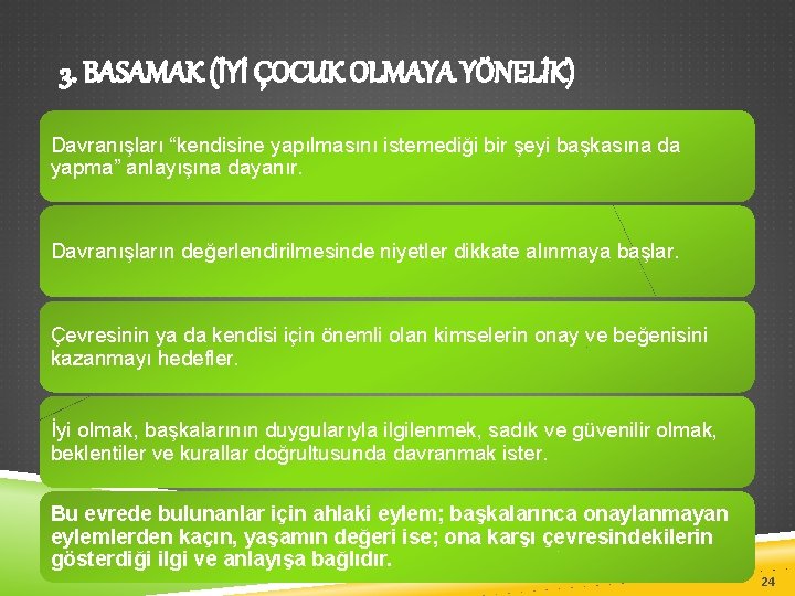 3. BASAMAK (İYİ ÇOCUK OLMAYA YÖNELİK) Davranışları “kendisine yapılmasını istemediği bir şeyi başkasına da